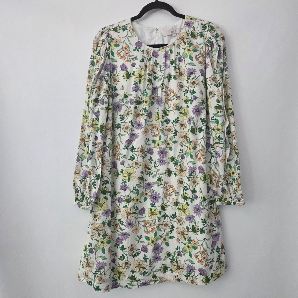 LOFT Shift Dress White Floral Linen‎ Blend Ruffle Sleeve Women 12